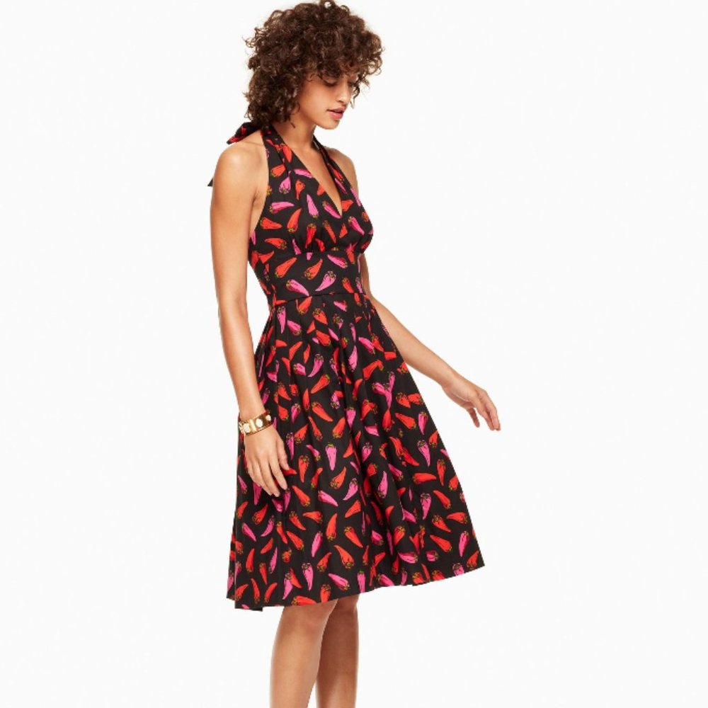 kate spade Black Halter Backless Dress with Pink and Red Feather Print